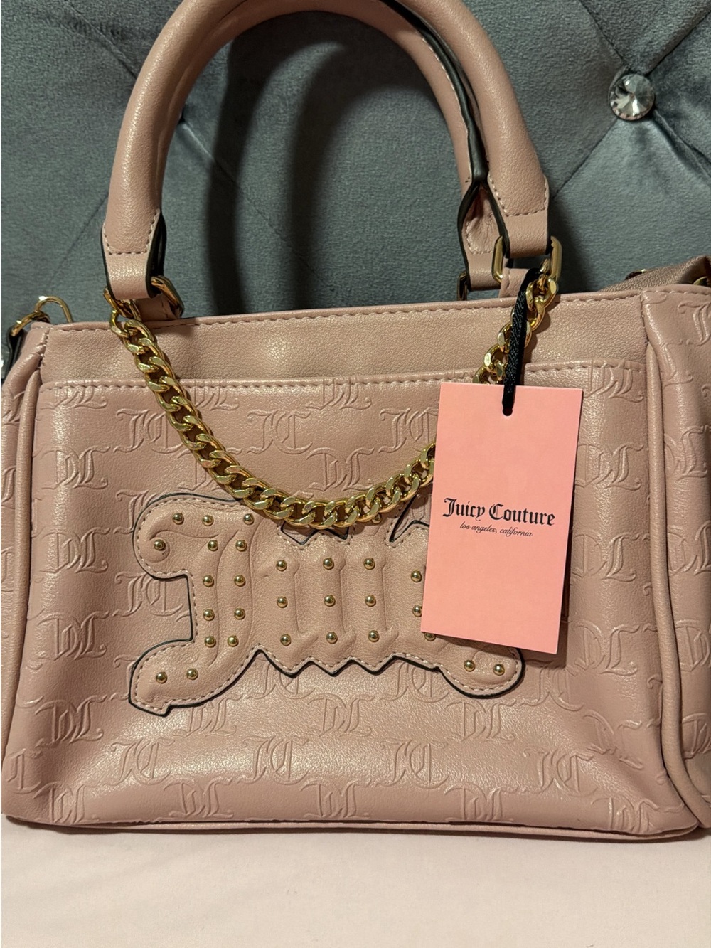 Juicy Couture Pale Pink Embossed Logo Satchel with Gold Chain